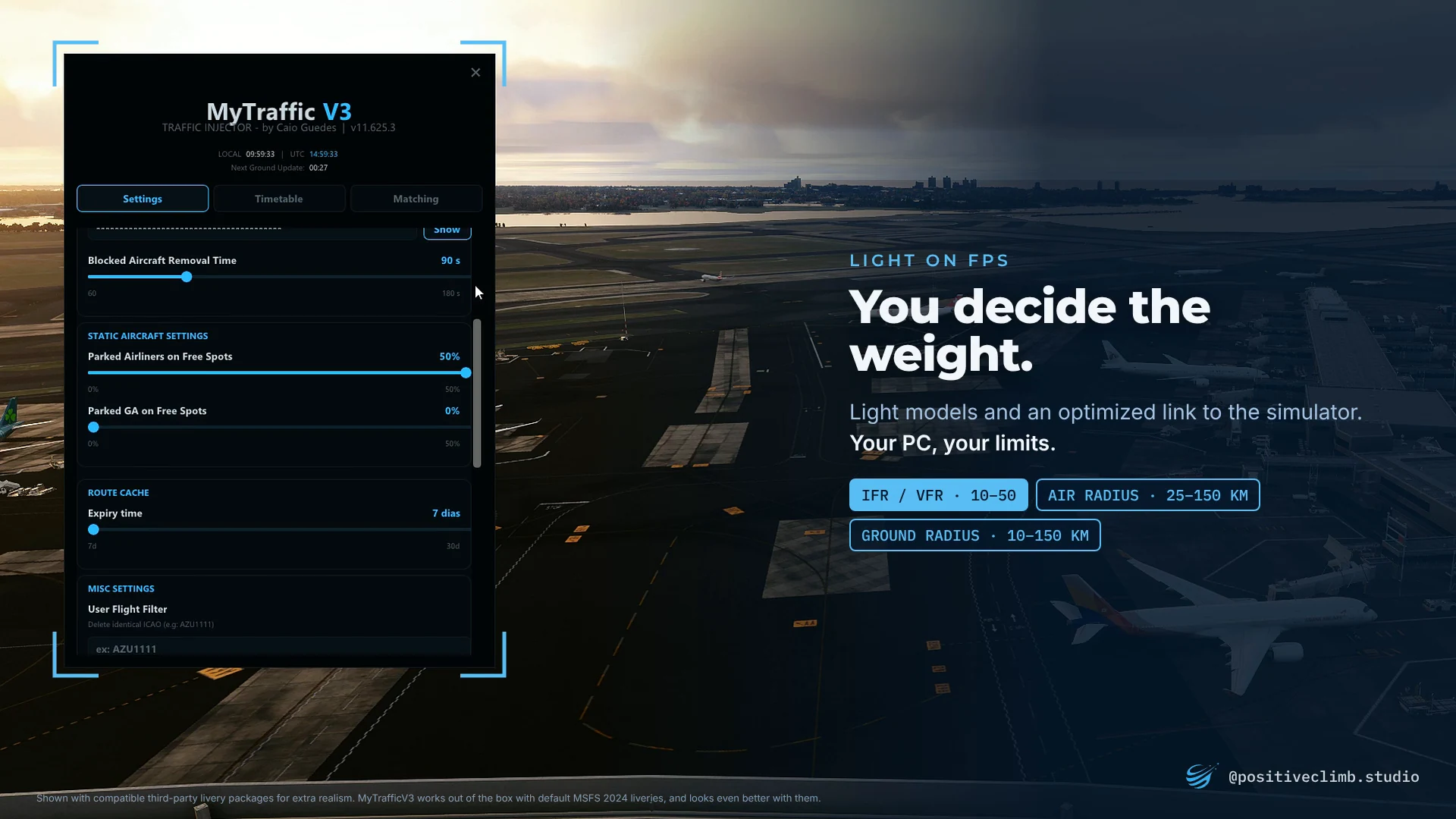 The MyTrafficV3 Settings tab with limits for aircraft count and radius.