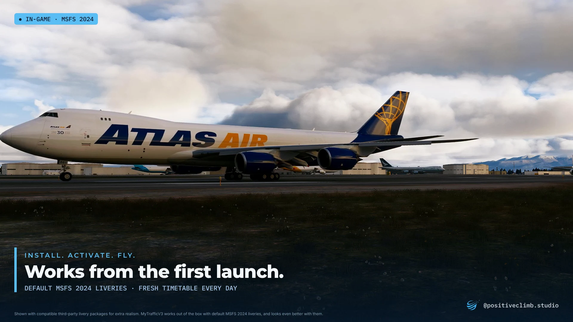 A cargo 747 with default MSFS 2024 liveries. Caption: Works from the first launch.