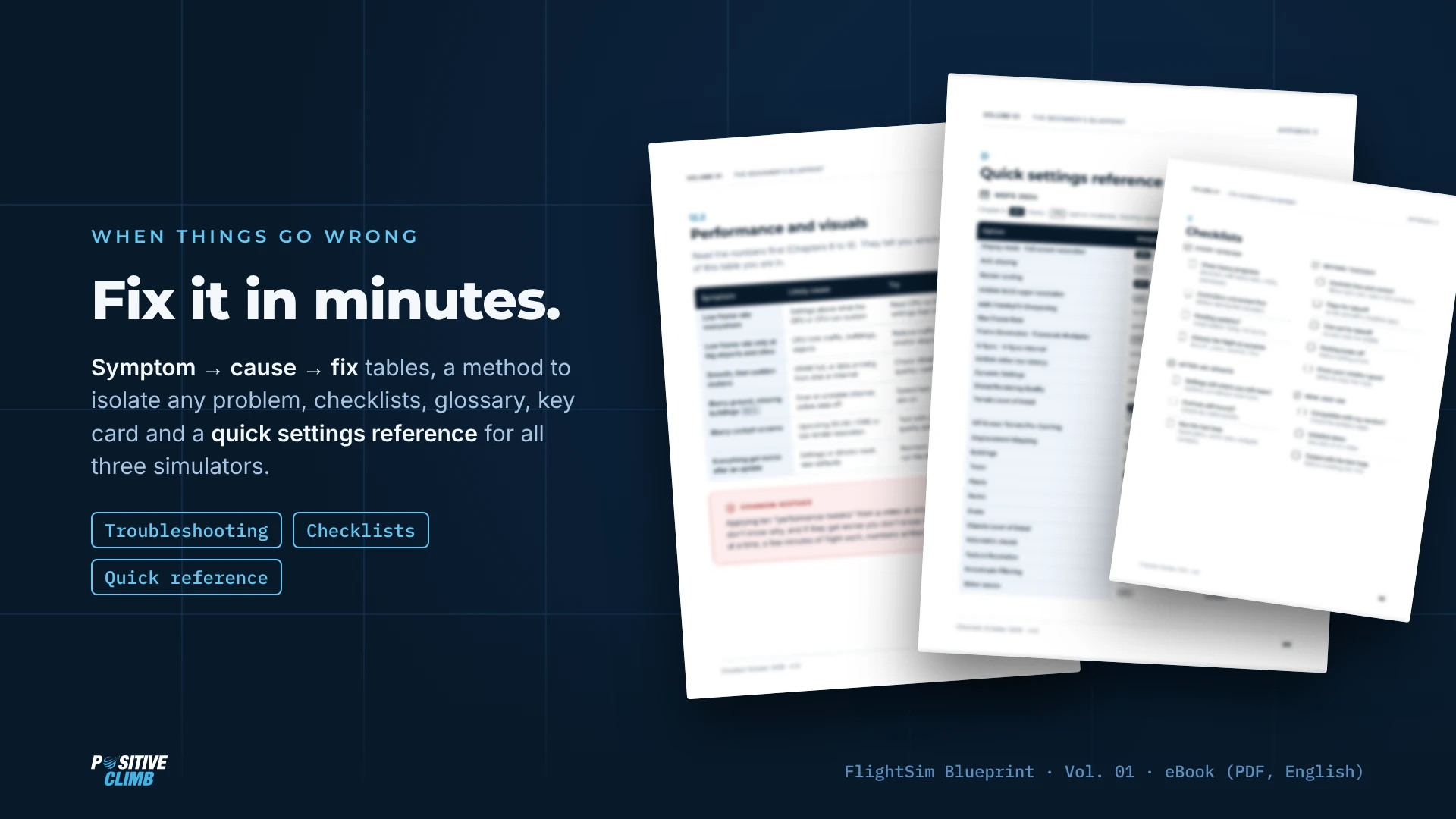 Sample pages: troubleshooting tables, checklists and a quick settings reference.