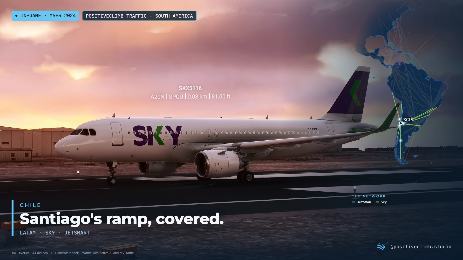 A Sky Airline A320neo at sunset in Santiago.