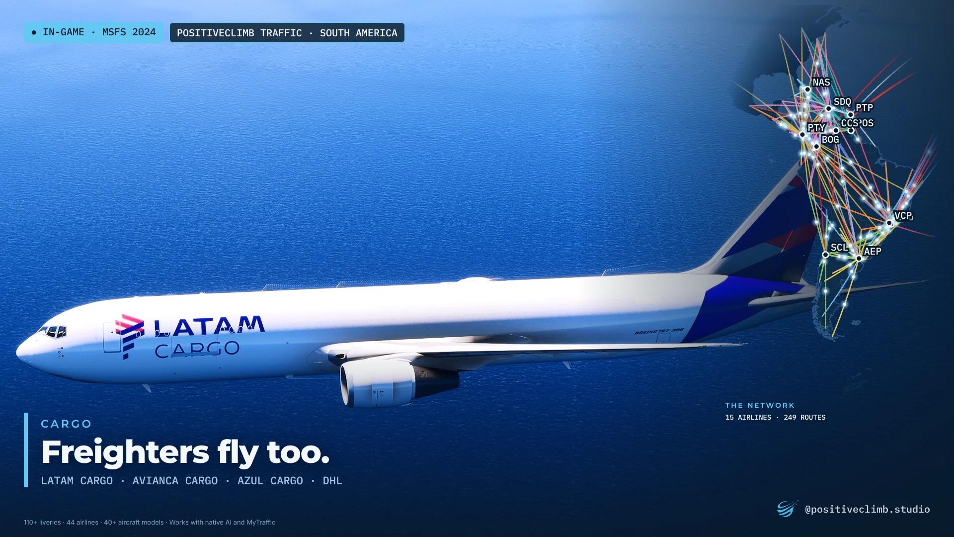 A LATAM Cargo freighter in flight over the sea.